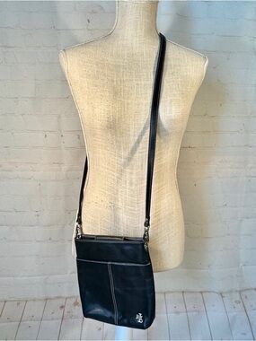 Ralph Lauren Black Leather Crossbody Bag Purse White Stitching Pockets